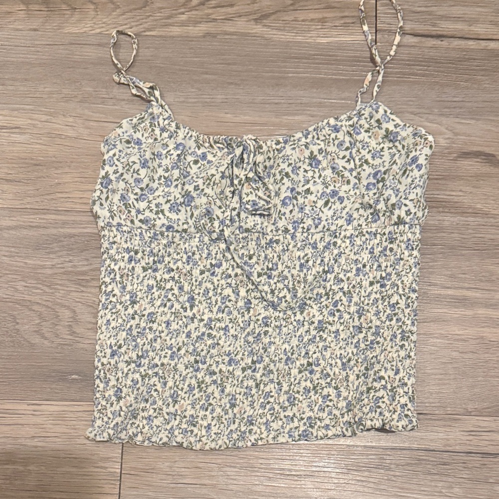 Reformation Cream and Blue Floral Smocked Camisole